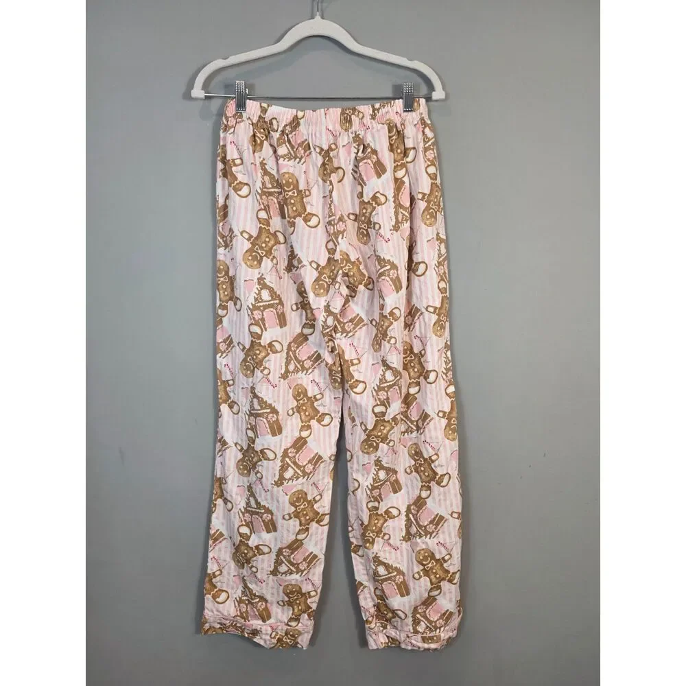 8 Oak Lane Women's Flannel Pajama Set Size M Pink Stripe Gingerbread House 2pc